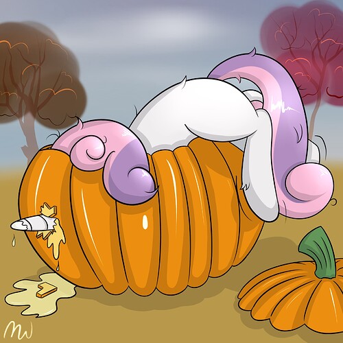 448962__safe_artist-colon-malwinters_sweetie+belle_pony_unicorn_g4_female_horn_horn+impalement_hungry_pumpkin_puncture_silly_silly+pony_solo_sweetie+fail