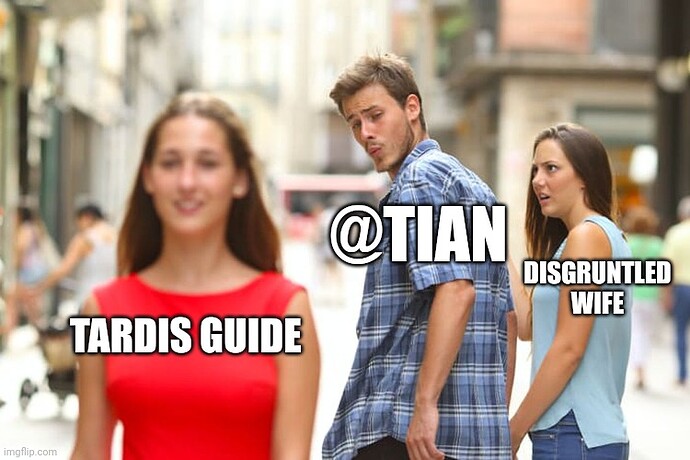 The image features a popular meme showing a man looking back at a woman in red while his displeased partner in blue notices his gaze, labelled as "TARDIS GUIDE," "@TIAN," and "DISGRUNTLED WIFE." (Captioned by AI)