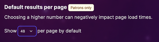 The image shows a setting for "Default results per page," available only for patrons.