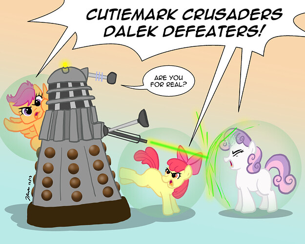 494984__safe_artist-colon-the_gneech_part+of+a+set_apple+bloom_scootaloo_sweetie+belle_earth+pony_pegasus_pony_unicorn_g4_crossover_cutie+mark+crusaders_dalek_