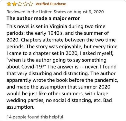 A book reviewer criticises a novel for failing to address the COVID-19 pandemic in its 2020 setting, describing this oversight as distracting and a major error. (Captioned by AI)