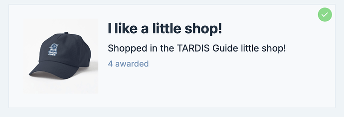 The image shows a TARDIS Guide cap with the text "I like a little shop!" indicating someone shopped in the TARDIS Guide little shop