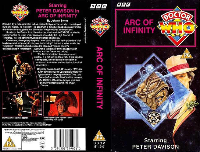 A VHS cover for "Doctor Who: Arc of Infinity" featuring Peter Davison with various sci-fi themed elements and characters from the series. (Captioned by AI)