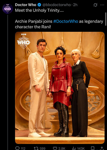 The image shows three characters from "Doctor Who," with one person wearing a beige suit, another in a red leather outfit, and the third in a black ensemble, set against a futuristic background. (Captioned by AI)