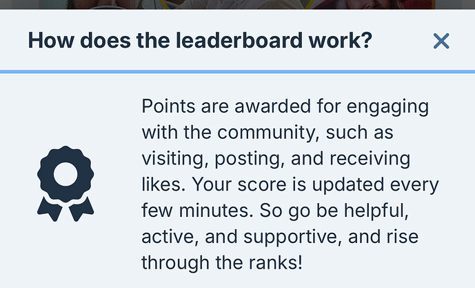 The image explains that points for a leaderboard are earned through community engagement like visiting, posting, and receiving likes, with scores updated every few minutes. (Captioned by AI)
