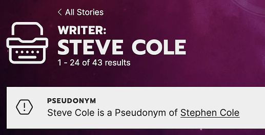 The image shows a search result indicating that "Steve Cole" is a pseudonym for "Stephen Cole," displaying 1-24 of 43 results under "Writer: Steve Cole" with a typewriter icon. (Captioned by AI)