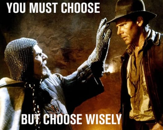 The image depicts a tense moment where a knight in chainmail advises a rugged adventurer to make a wise decision, with the phrases "YOU MUST CHOOSE" and "BUT CHOOSE WISELY" prominently displayed. (Captioned by AI)