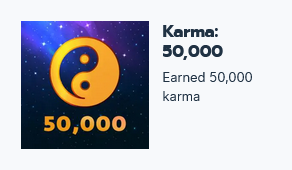 The image shows a badge displaying "Karma: 50,000" with an emblem featuring a yin-yang symbol, indicating that 50,000 karma points have been earned. (Captioned by AI)